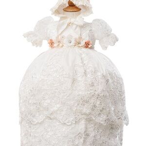 Baby Girl Ivory Puff Sleeve Headband 3 Pc Baptism Gown Set 2-3
